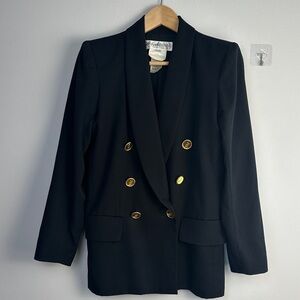 Vintage 80’s Yves Saint Laurent Black Wool Blazer Gold YSL Buttons Size 6 France